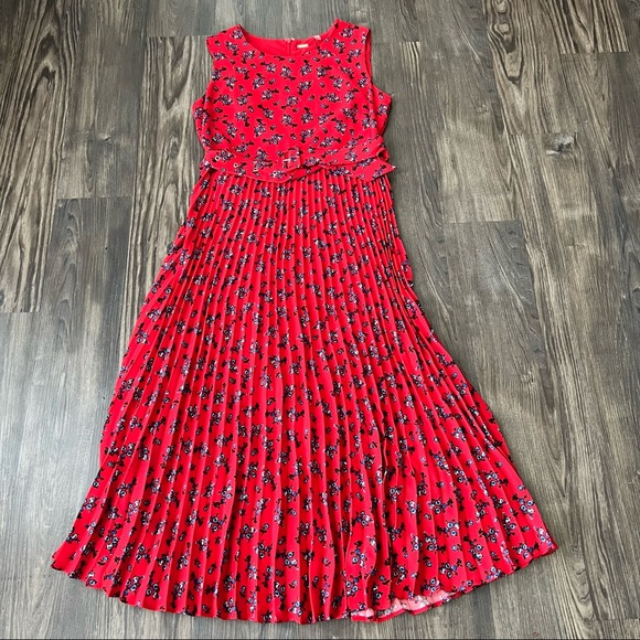 Tahari NWT Sleeveless Red Floral Print Pleated Midi Dress - Picture 5 of 16